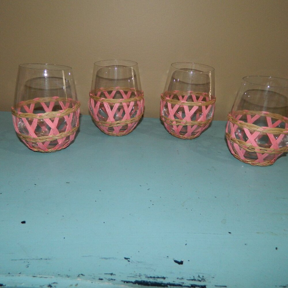 Mark & Graham Raffia Wrapped Stemless Wine Glasses Glass, Set of 4